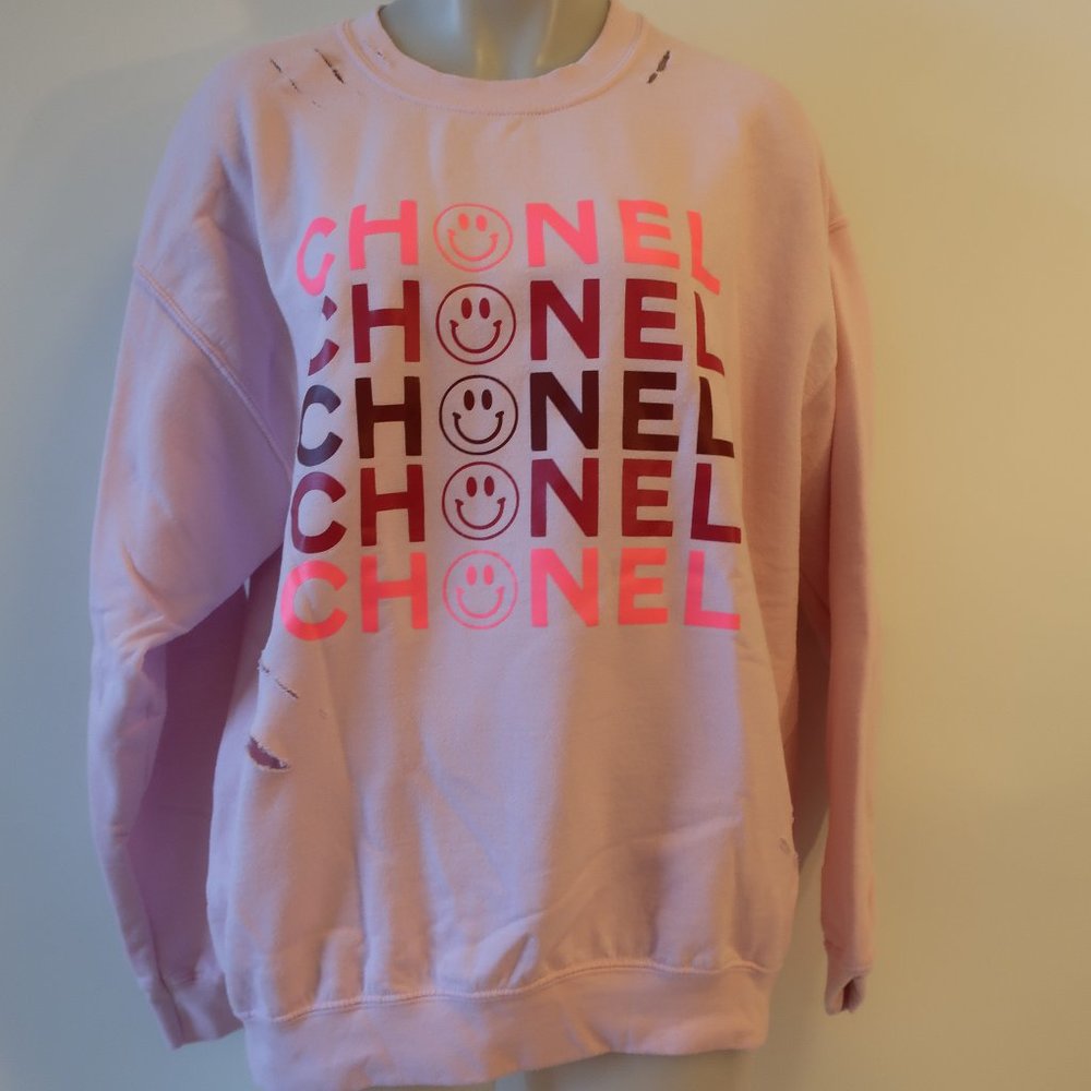 Womens Haute Couture Pink White Chonel Smiley Face Distressed Sweatshirt L *